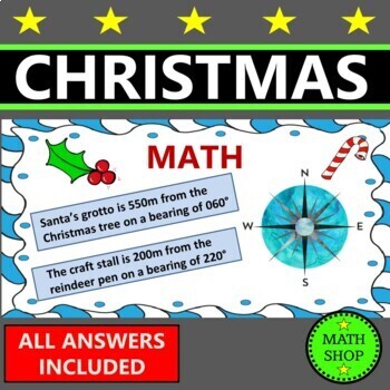 Preview of Christmas Math Angles Bearings and Scale Drawings Map Scale 7th Grade Math