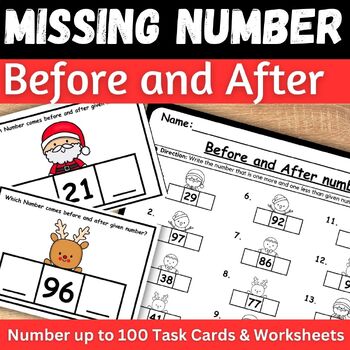 Preview of Christmas Math Before and After Numbers worksheets & Task cards 1 more 1 less