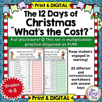 Preview of Christmas Math Computation 12 Days - What’s the Cost of Those Gifts? DIGITAL