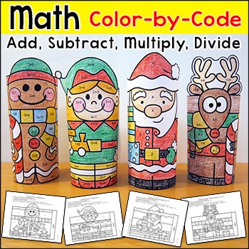 Preview of Christmas Math Craft Color by Number Santa, Elf & Gingerbread Man Activities