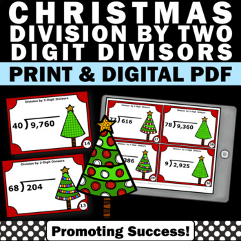Preview of Christmas Multi digit 3 4 Digit by 1 2 Digit Long Division Practice Task Cards