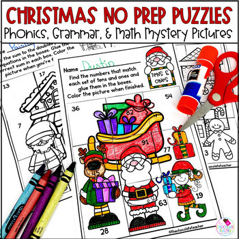 Preview of Christmas 1st Grade Math, Phonics, Grammar Mystery Picture Puzzle Worksheets