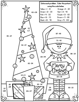 Christmas Math Fun / Elf Two Digit Addition & Subtraction / Color by Number