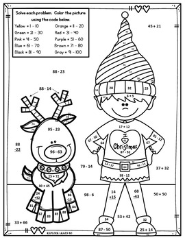 Christmas Math Fun / Elf Two Digit Addition & Subtraction / Color by Number
