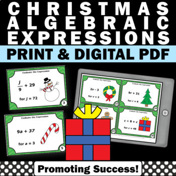 Preview of Christmas Activities 6th Grade Math Stations Algebra 1 Review Task Cards Centers