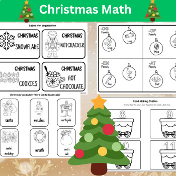Preview of Christmas Math Literacy Activities, Worksheets Kindergarten First Grade NO PREP