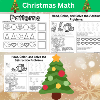 Preview of Christmas Math Literacy Activities, Worksheets Kindergarten First Grade NO PREP