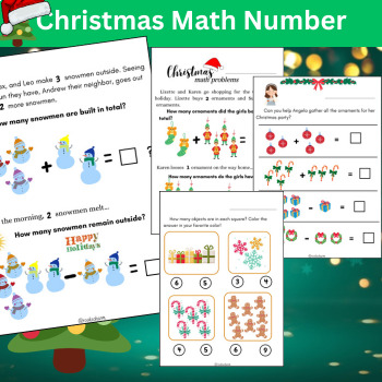 Preview of Christmas Math Literacy Activities, Worksheets Kindergarten First Grade NO PREP