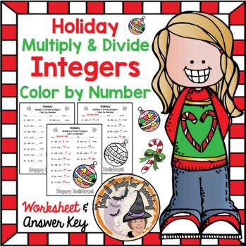 Preview of Christmas Math Multiply Divide Integers Color by Number 6th 7th Holiday FUN!