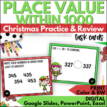 Preview of Christmas Math Place Value within 1000 Task Cards Activities for December