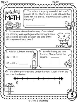 christmas math and language printables third grade by tied