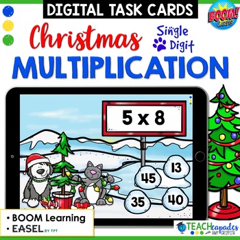 Preview of Christmas Math Single Digit Multiplication Fact Practice BOOM & Easel TEKS 3.4F