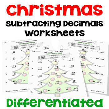 Preview of Christmas Subtracting Decimals Worksheets - Differentiated