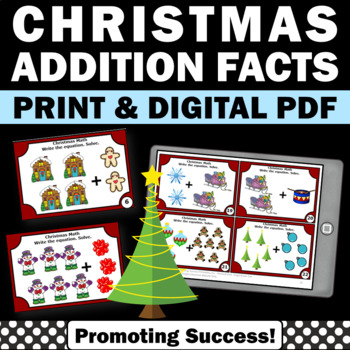 Preview of Special Education Christmas Activities Addition Facts to 10 Task Cards Stations