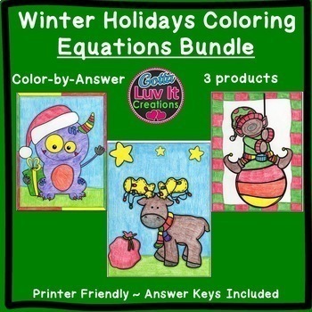 Preview of Christmas Math Winter Math Solving Equations Maze Color by Number SUPER BUNDLE