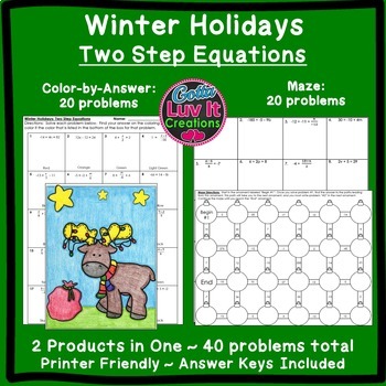 Preview of Christmas Math Winter Math Solving Equations Two Step Equations Holiday Activity