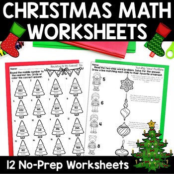 Preview of Christmas Math Worksheets No Prep Multiplication Division Addition Subtraction