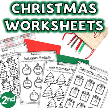Preview of Christmas Math Worksheets 2nd Grade Skills Review
