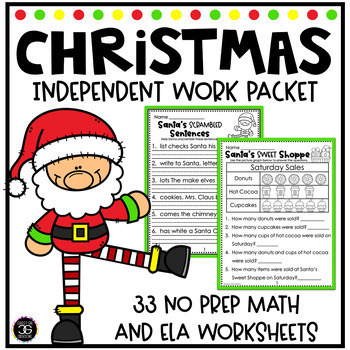 Preview of Christmas Math and ELA Fun No Prep Worksheets Grades 1-3