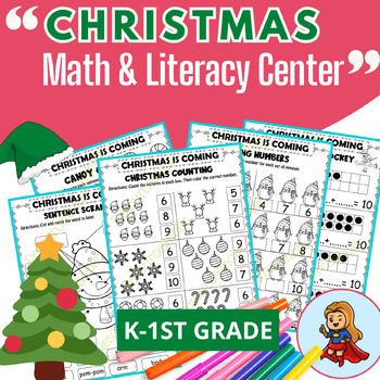 Christmas Math and Literacy Activities December, No Prep Worksheets