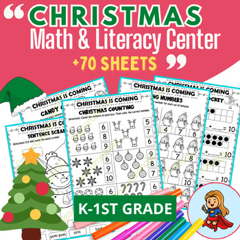 Preview of Christmas Math and Literacy Activities December, 72 No Prep Worksheets