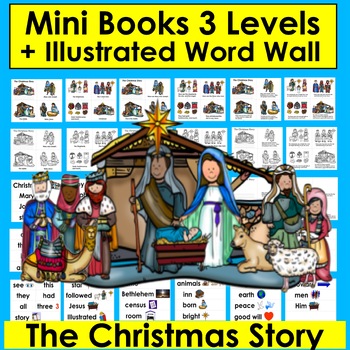 Preview of Christmas Mini Books The Christmas Story 3 Levels + Illustrated Word Wall