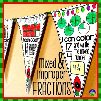 Preview of Mixed Numbers and Improper Fractions Christmas Holiday Math Pennant Activity