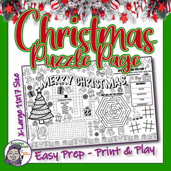 Preview of Christmas Mixed Puzzle Mazes Coloring Crossword Wordsearch Activity Page Free