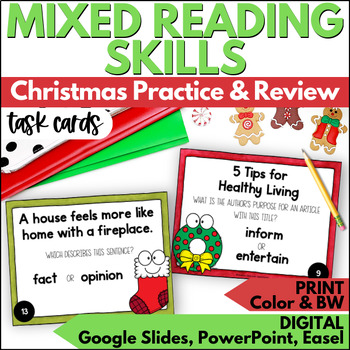 Preview of Christmas Mixed Reading Skills Task Cards - December Practice & Review Activity