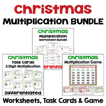 Preview of Christmas Multiplication Bundle with Worksheets, Task Cards and Game