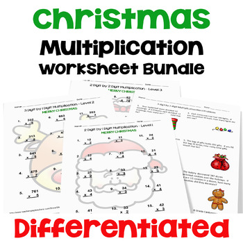 Preview of Christmas Multiplication Worksheet Bundle - Differentiated with Word Problems