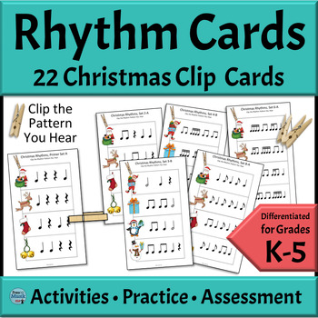 Preview of Christmas Music Activities Rhythm Pattern Identification Clip Cards Grades K - 5