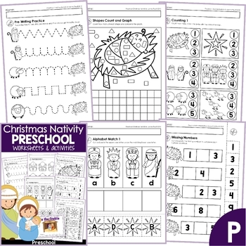 Preview of Christmas Nativity Preschool No Prep Worksheets Activities