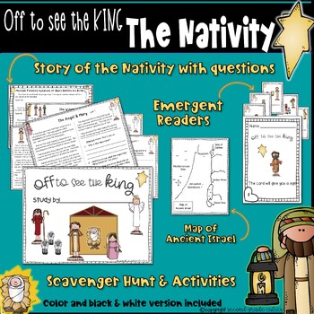 Preview of Christmas Nativity Story with questions, activities, scavenger hunt Bible Lesson