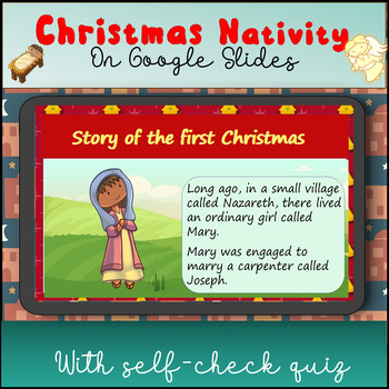 Preview of Christmas Nativity story Google Slides For Grades 1-3 with self-check quiz