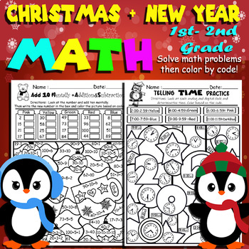 Preview of Christmas-NewYear Time Telling Practice+Color by Code. NO PREP required.1st-2nd