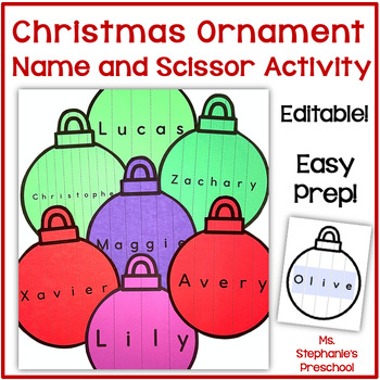 Preview of Christmas Ornament Name and Scissor Activity Craft - Editable