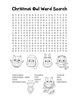 christmas owl word search holiday fun black line version tpt