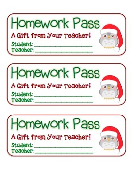 Preview of “Christmas Owl with Santa Hat” Homework Pass –Holiday FUN! (full color version)