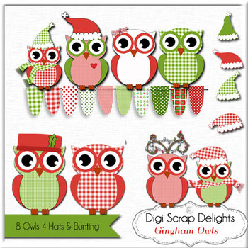 Preview of Christmas Owls Clip Art, Gingham Red and Green,