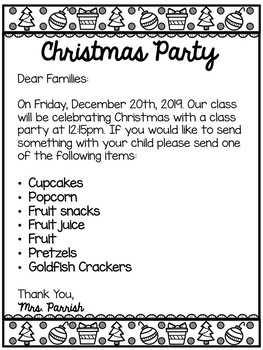 Preview of Christmas Party Letter--English/Spanish