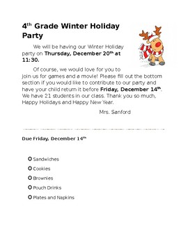 Preview of Winter/Christmas Party Letter home