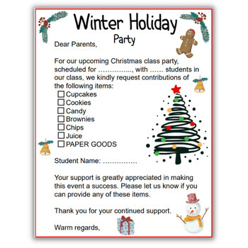 Preview of Christmas Party Letter to Parents - Class Party (Editable)