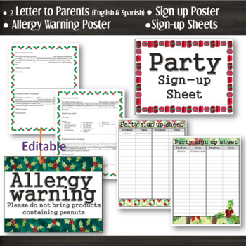 Preview of Christmas Party: Sign up - Allergy Warning - EDITABLE Letter to Parent Eng/Sp