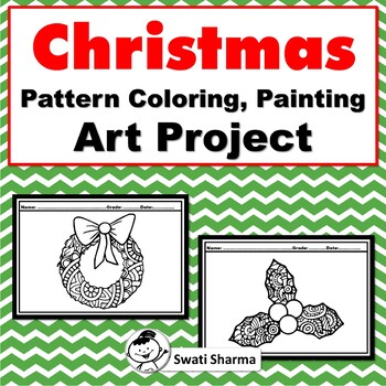 Preview of 13 Christmas Activities, Pattern Coloring, Painting Art Project, Art Sub Plan