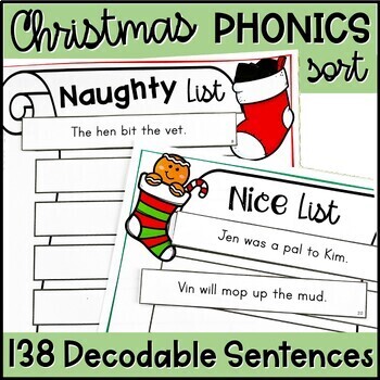 Preview of Christmas Phonics Activity with Decodable Sentences CVC words, Blends, Digraphs