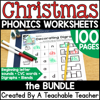 Preview of First Grade Phonics Christmas Worksheets, Decodable Readers, and Games