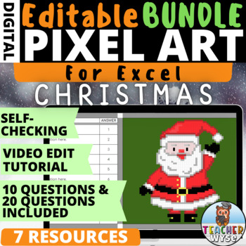 Preview of Christmas Pixel Art BUNDLE with 7 Editable Self Checking Activities For Excel