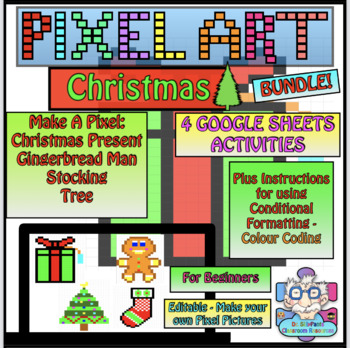 Preview of Christmas Pixel Art Bundle Stocking, Present, Tree, Gingerbread Man GoogleSheets