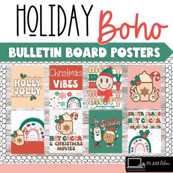 Preview of Christmas Posters Bulletin Board ll December Posters Boho Rainbow Retro Vibes